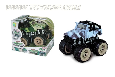 Camouflage Jeep four-drive sport utility vehicle inertia