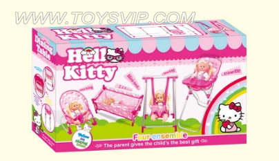 A combination of a family of four (beds, swings, chairs, rocking chair)
