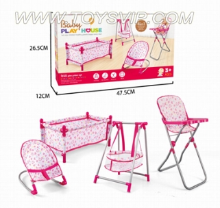 A combination of a family of four (beds, swings, chairs, rocking chair)