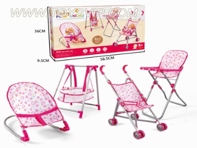 A combination of a family of four (iron cars, swings, chairs, rocking chair)
