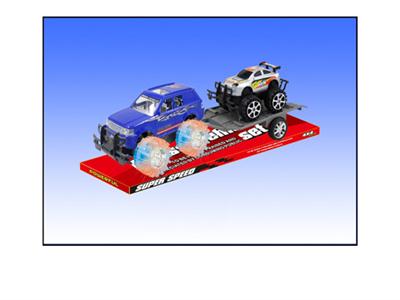 Inertial Land Rover car towing car with flashing lights.