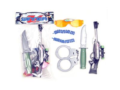 Single tube BB soft gun, with handcuffs, knives, glasses