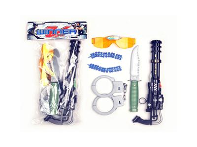 Gatlin BB soft gun with handcuffs, knives, glasses