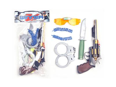 Revolver BB soft gun with handcuffs, knives, glasses