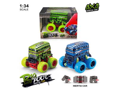 1:34 version of a 4x4 large wheel inertia alloy spring shock graffiti (double) bus 1 2 colors mixed