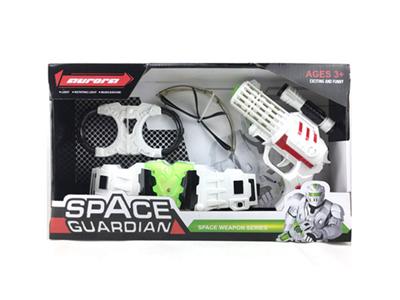 A space gun with a belt with handcuffs and glasses