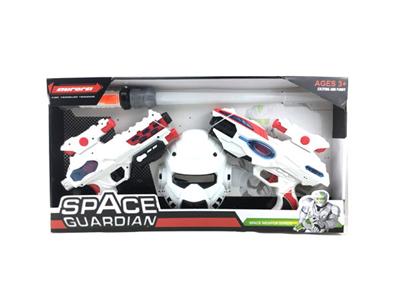 2 space guns with a space bar with a mask