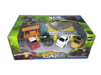 4 pull back cartoon alloy car with roadblocks (two mixed)