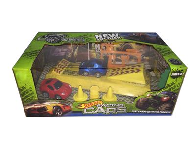 2 pull back cartoon alloy cars with roadblocks (two mixed)