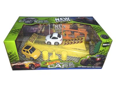 2 pull back cartoon alloy cars with roadblocks (two mixed)