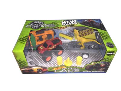 Alloy double inertia off-road vehicle dragging dinosaurs with roadblocks (four mixed)