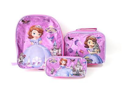 School bag three-piece bag + lunch bag + double pull pencil bag (Sofia Princess)