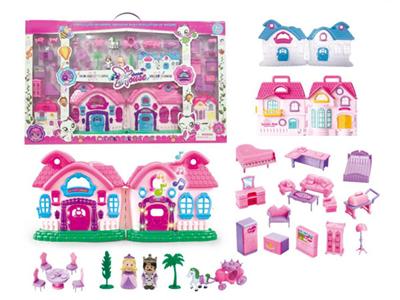 Simulation villa (four lights colorful, music) with dolls, furniture (not including electricity)