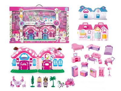 Simulation villa (four lights colorful, music) with dolls, furniture (not including electricity)