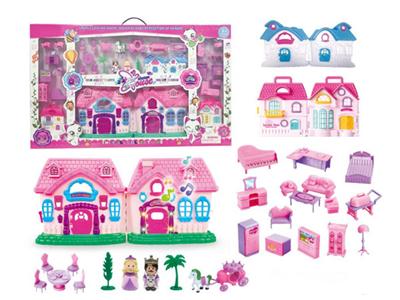 Simulation villa (four lights colorful, music) with dolls, furniture (not including electricity)