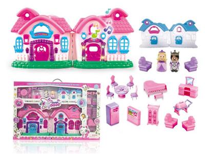 Simulation villa (four lights colorful, music) with dolls, furniture (not including electricity)