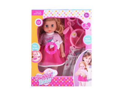 15 inch 6 sound blowing bottle doll with accessories, hanging clothes