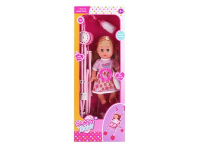 14 inch live eye six drinking water pee doll with cart