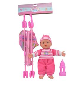 13 inch doll 2 color mixed plastic cart with baby bottle ten sound IC