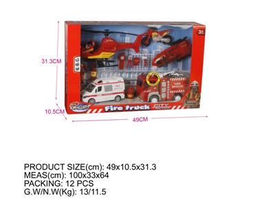 Window box (fire series) inertial fire truck with IC package. Pull back police car, speed boat, medium plane, motorcycle, fireman and other accessories
