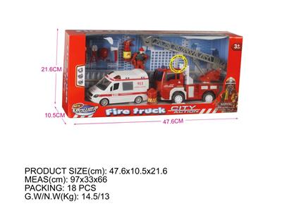 Window box (fire series) inertial fire truck with IC package. Pull back police car, fireman and other accessories
