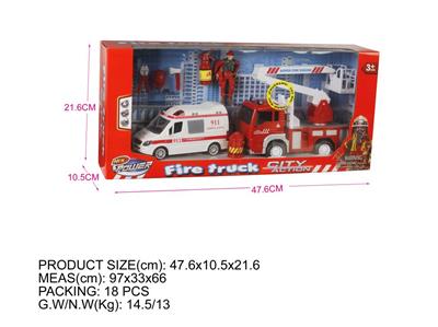 Window box (fire series) inertial fire truck with IC package. Pull back police car, fireman and other accessories