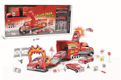 Alloy fire-fighting inertial tractor storage parking lot set (with 2 cars)