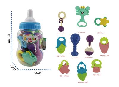 Baby bottle hand rattle 10 piece set with 5 teether