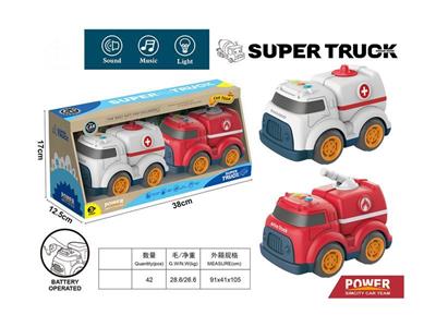 Cartoon sliding engineering vehicle with light and music (medical vehicle + fire truck)