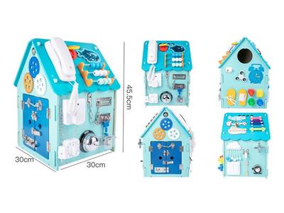 Multifunctional wooden children's busy house (blue)